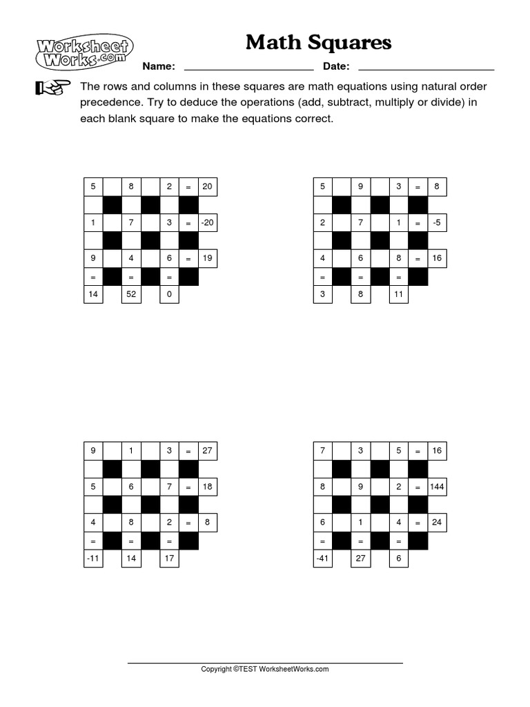 WorksheetWorks Math Squares 4 PDF Mathematical Objects Teaching