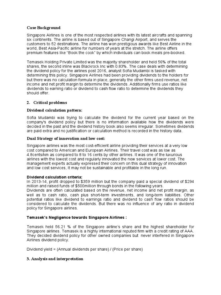 Singapore Airline Dividend Case PDF Yield (Finance) Dividend