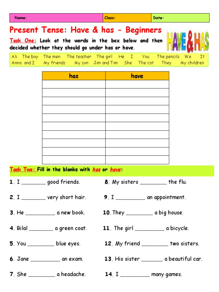Present Tense: Have & Has Practice | PDF