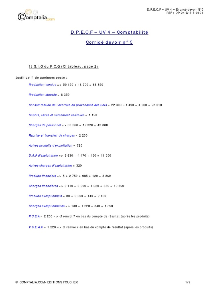 Exercice Sig Et Caf Avec Corrigé Pdf UV4 Corrige Devoir 5 PDF | PDF | Capitaux propres | Bilan comptable