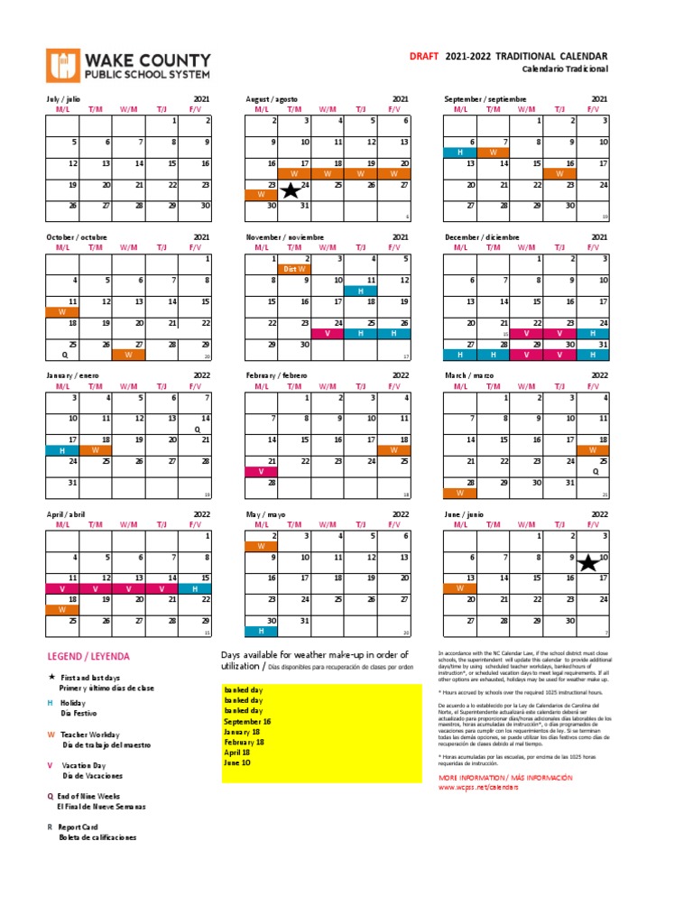 Calendario Tradicional WCPS 2021-2022 | PDF | Vacaciones o vacaciones ...