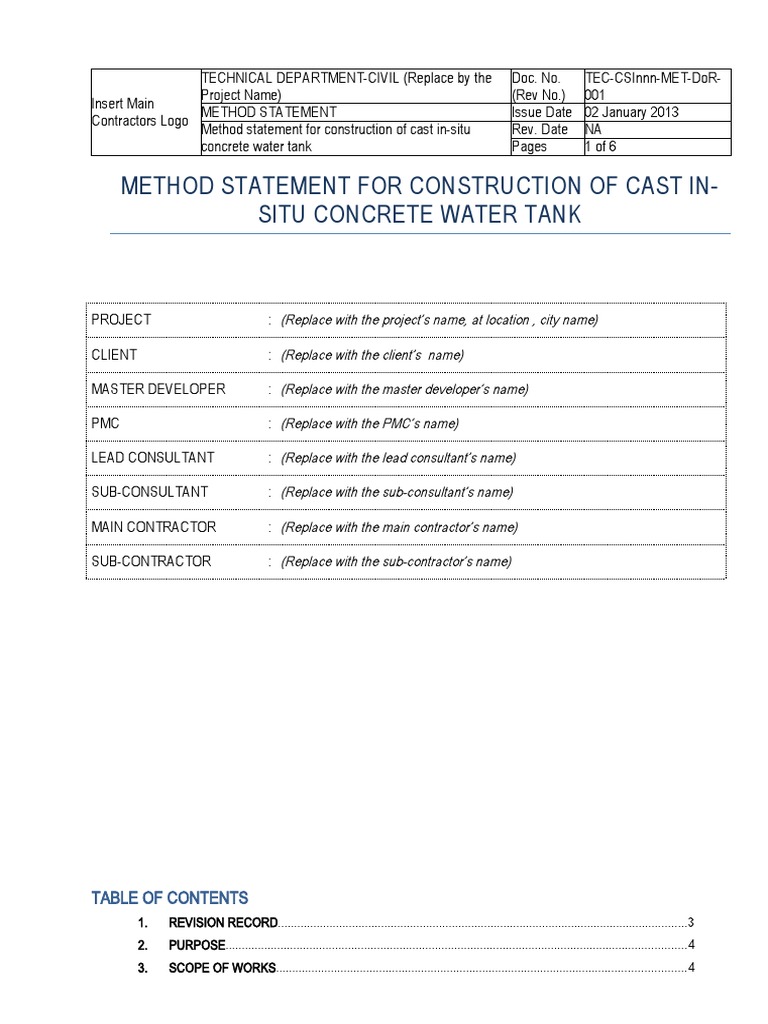 Method Statement for In-Situ Concrete Tank | PDF | Quality Assurance ...