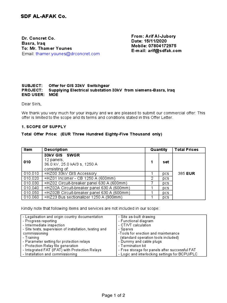 33kV GIS SWGR Offer | PDF | Electrical Engineering | Business