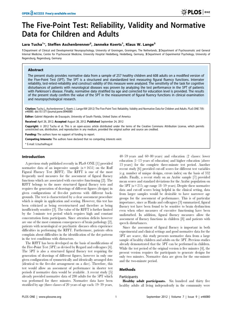 The Five-Point Test: Reliability, Validity and Normative Data For ...