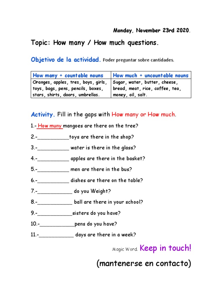 Topic: How Many / How Much Questions.: (Mantenerse en Contacto) | PDF