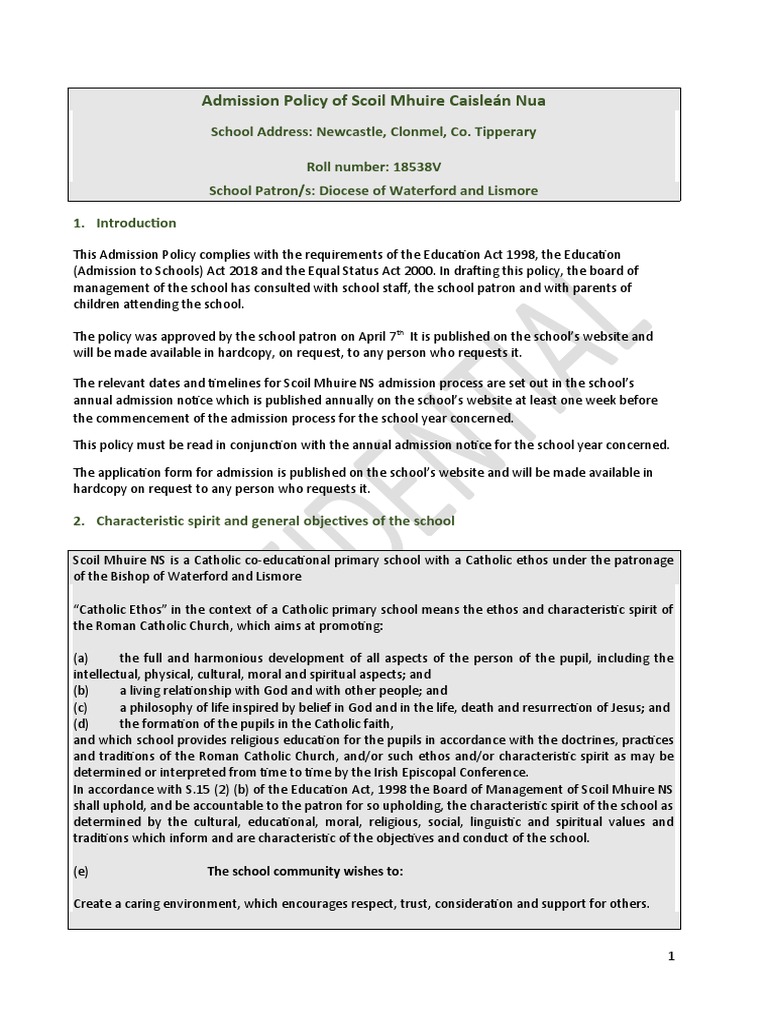 Admissions Policy Scoil Mhuire NS | PDF | Special Education | Autism ...