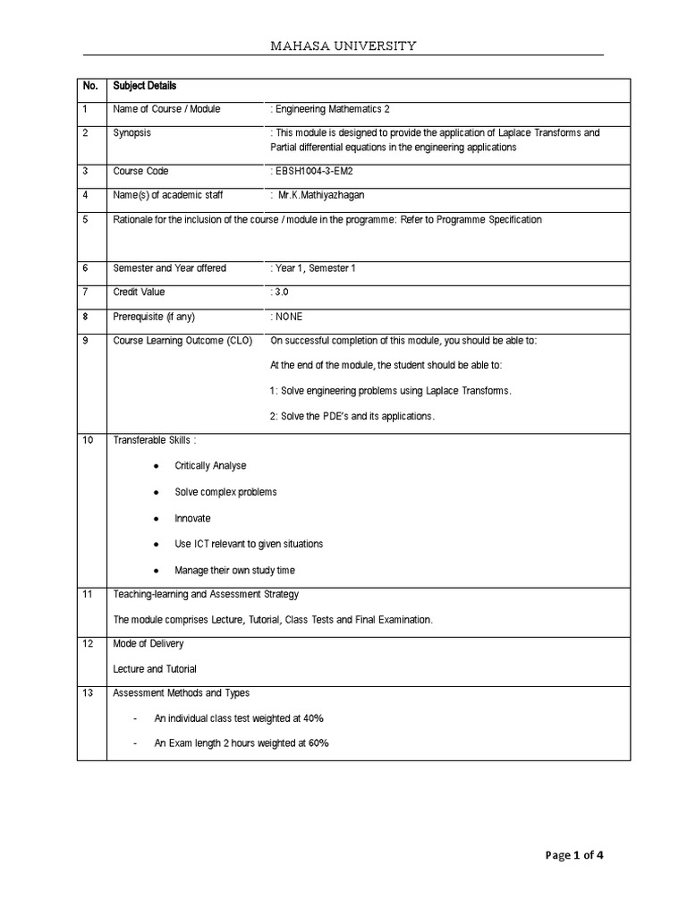 Engineering Mathematics 2 Eac Format Partial Differential Equation Laplace Transform