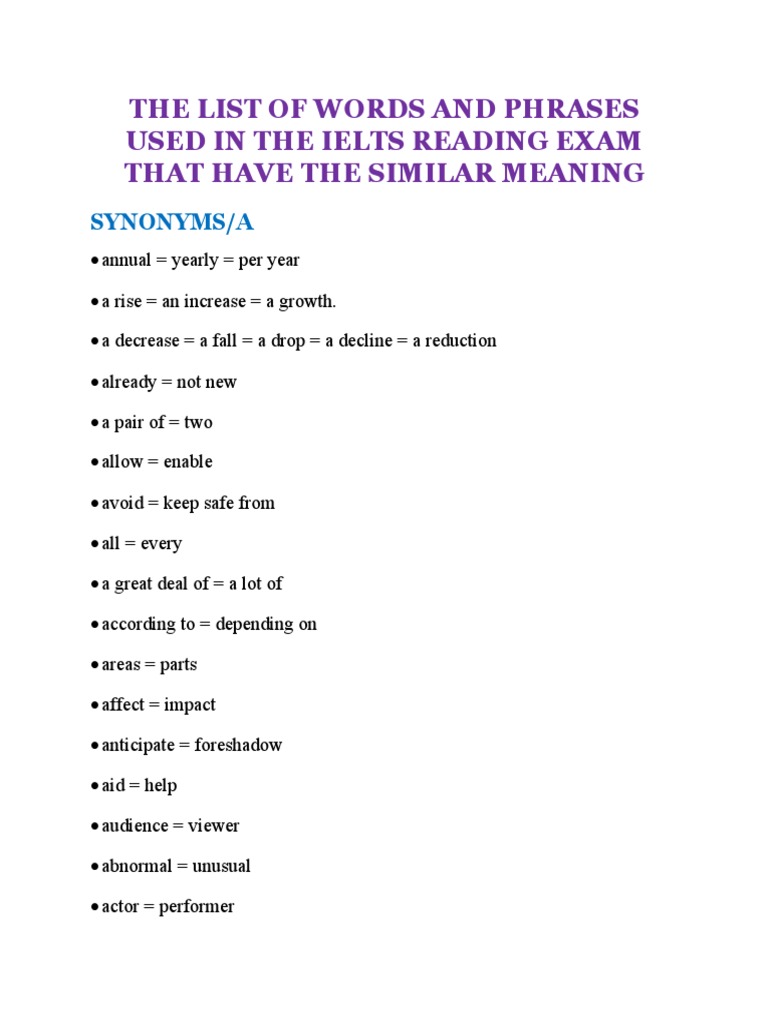The List of Words and Phrases Used in The Ielts Reading Exam That Have ...