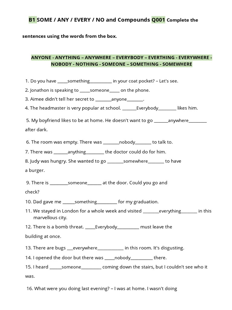 Some Any No Every Compounds Exercises Pdf