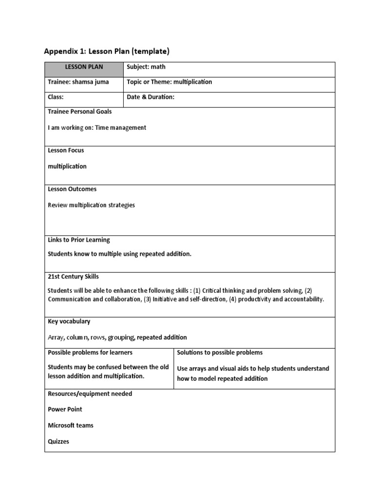 Appendix 1: Lesson Plan (Template) | PDF | Educational Assessment ...