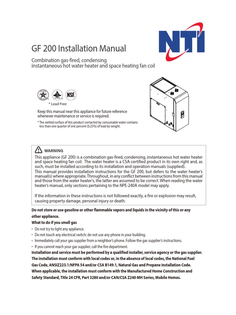 GF 200 Installation Manual: Combination Gas-Fired, Condensing Instantaneous  Hot Water Heater and Space Heating Fan Coil | PDF | Water Heating | Pipe  (Fluid Conveyance)
