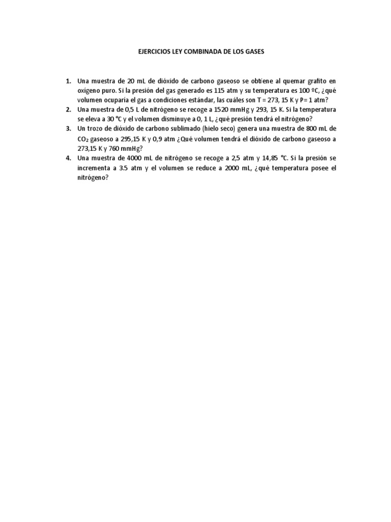 Ejercicios sobre la Ley Combinada de Gases | PDF | Cocina, comidas y ...