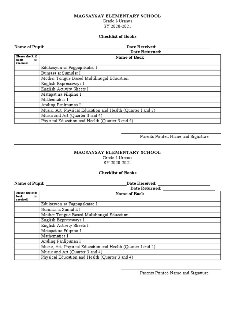 Grade I Book Checklist | PDF