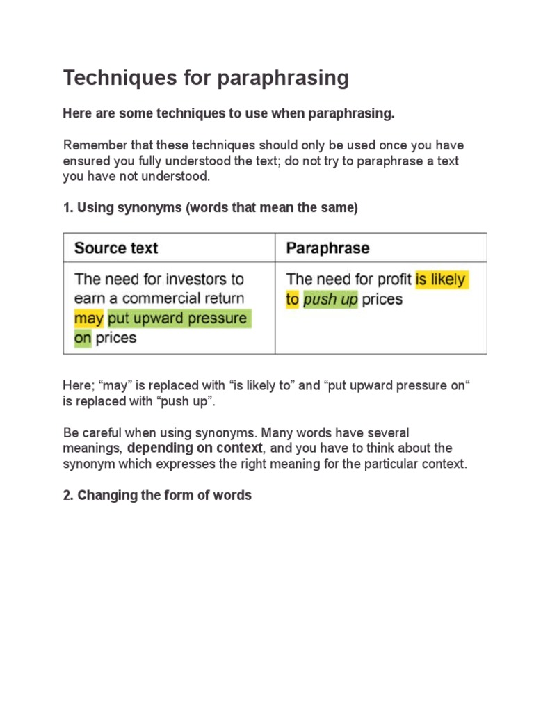 Techniques For Paraphrasing | PDF | Bracket | Nursing