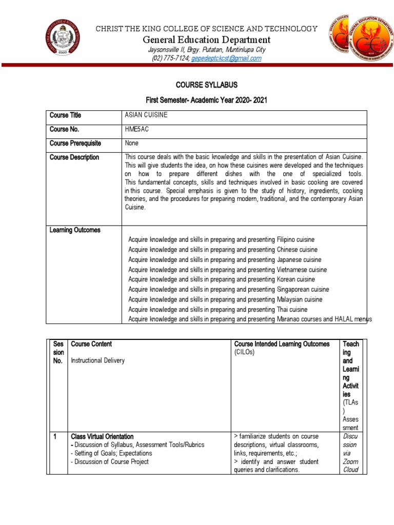 Asian Cuisine Syllabus PDF Cuisine Test (Assessment)