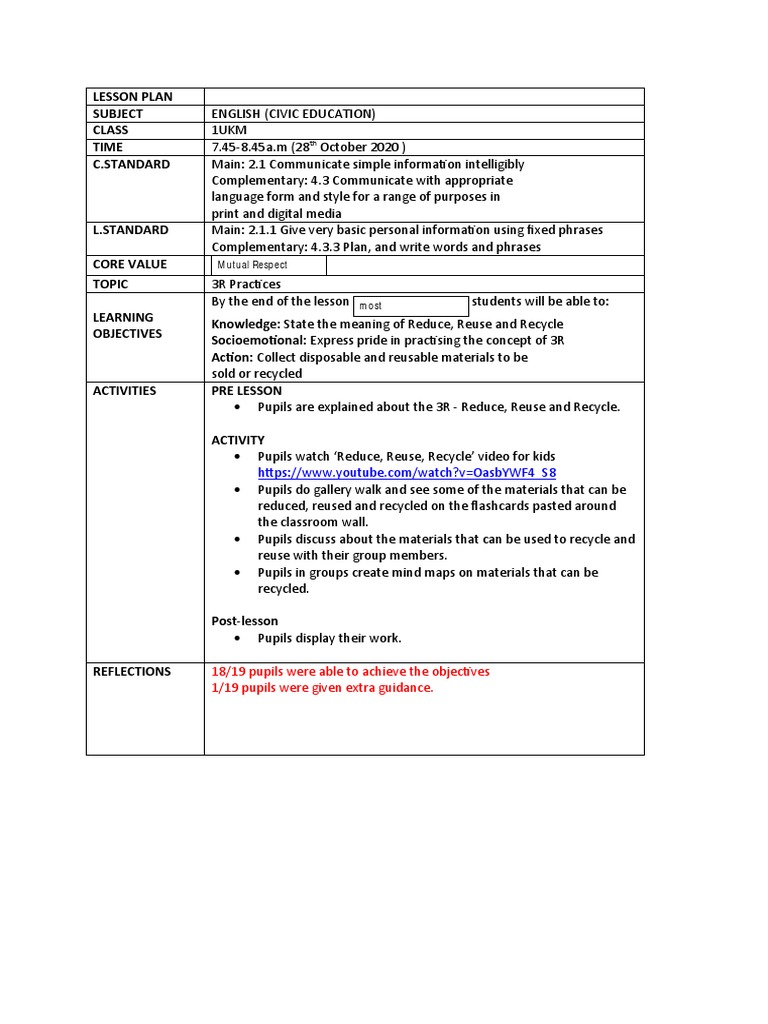 3R Practices Lesson Plan for English Class | PDF
