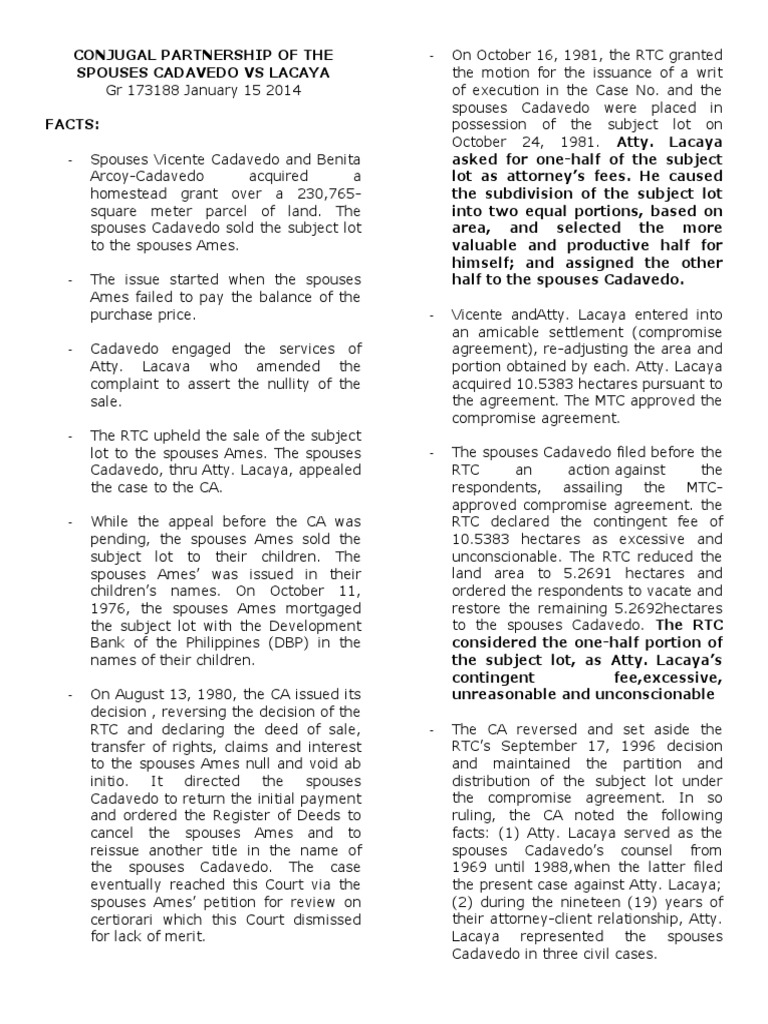 Conjugal Partnership of The Spouses Cadavedo VS Lacaya PDF Lawsuit