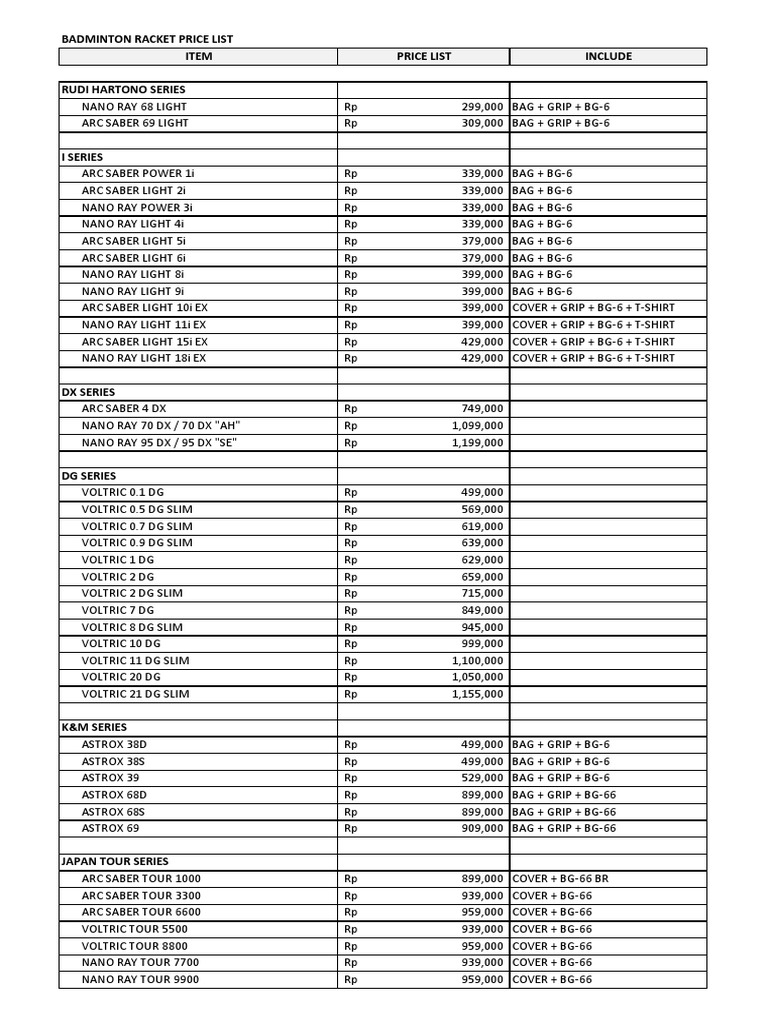 Badminton Racket Price List Price List Include Rudi Hartono Series Item