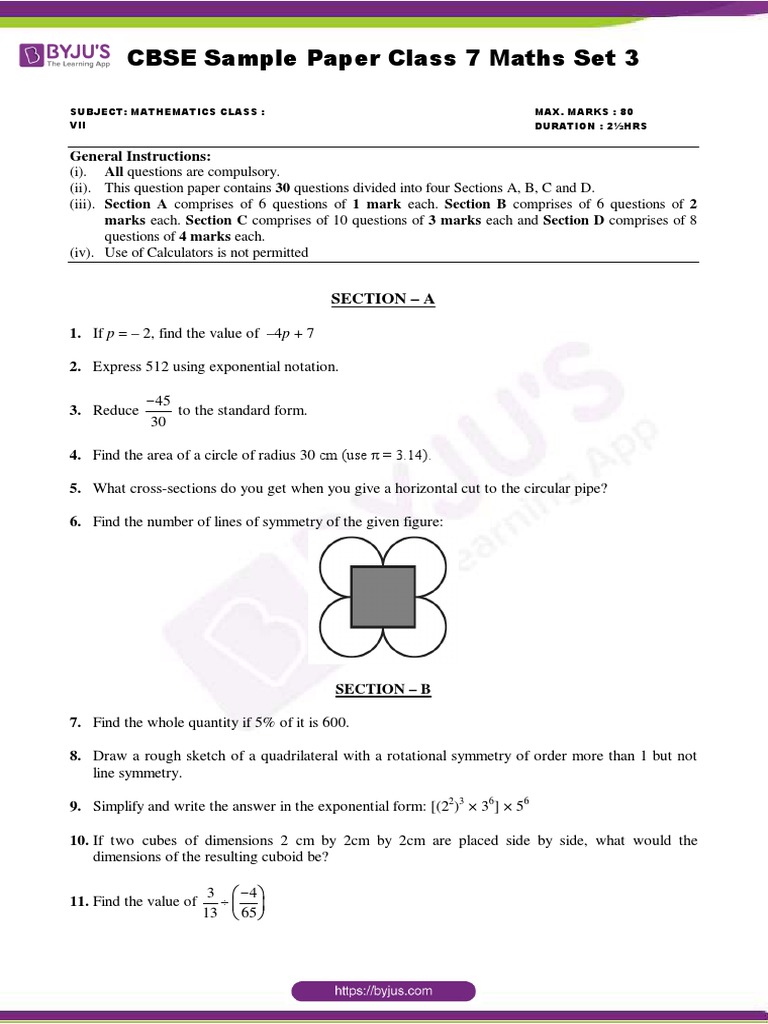 CBSE Sample Paper Class 7 Maths Set 3: All Questions Are Compulsory ...