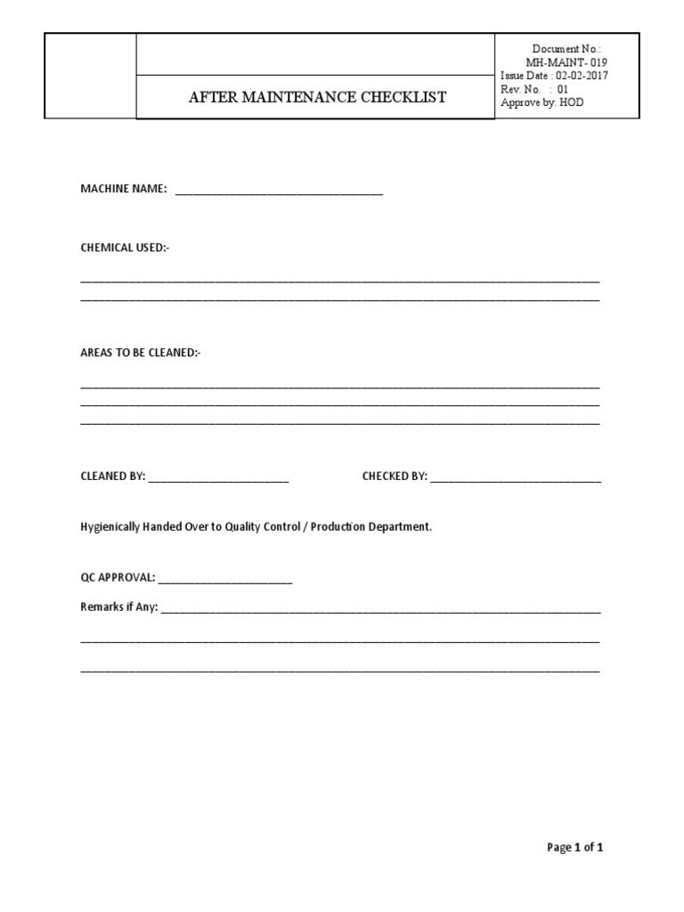 After Maintenance Checklist Template | PDF