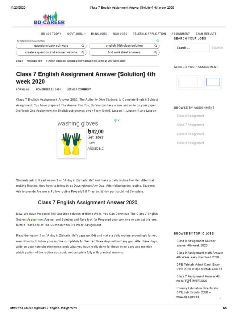 Class 7 English Assignment Answer (Solution) 4th Week 2020 PDF