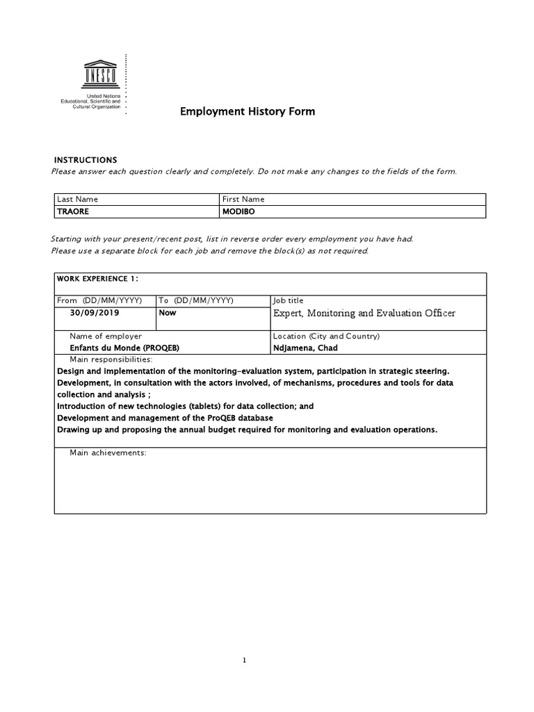 Employment History Form Work Experience 1 PDF Cognition Business