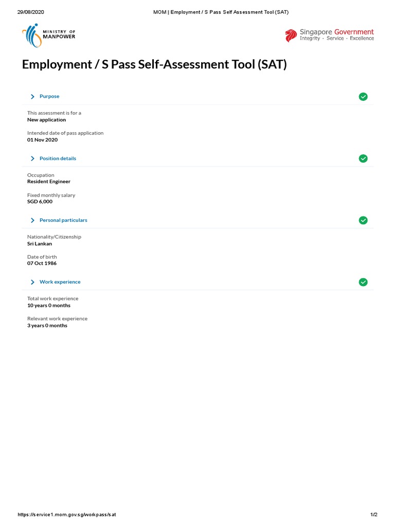 MOM - Employment - S Pass Self Assessment Tool (SAT) ) 6000 S | PDF