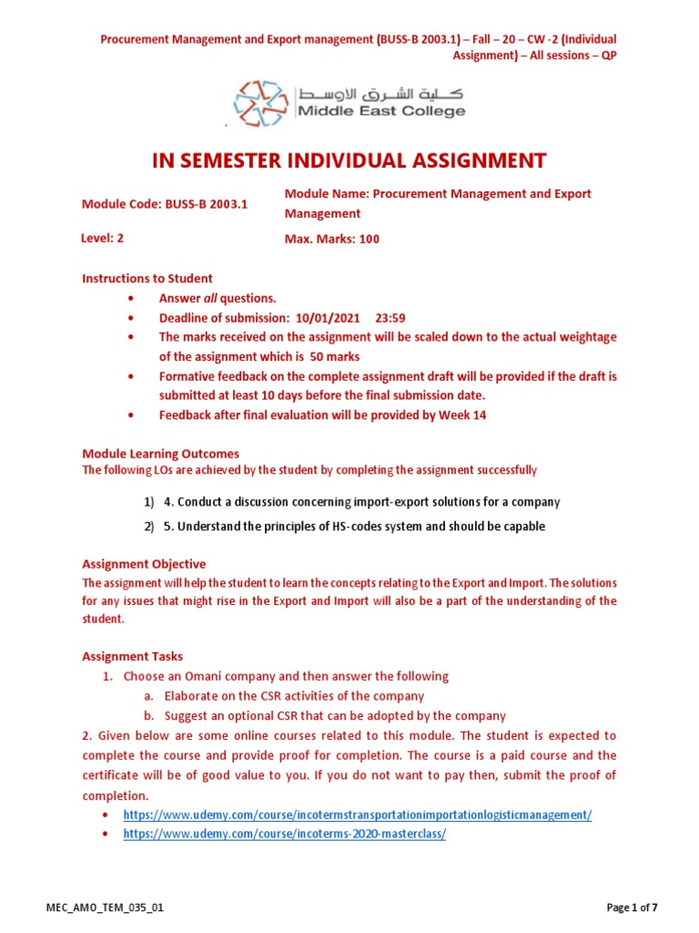 Procurement and Export Management Assignment | PDF | Reflective ...