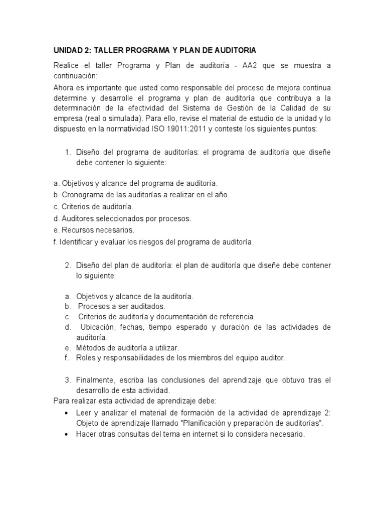 Programa y Plan de Auditoría ISO 19011 | PDF | Auditoría | Calidad ...