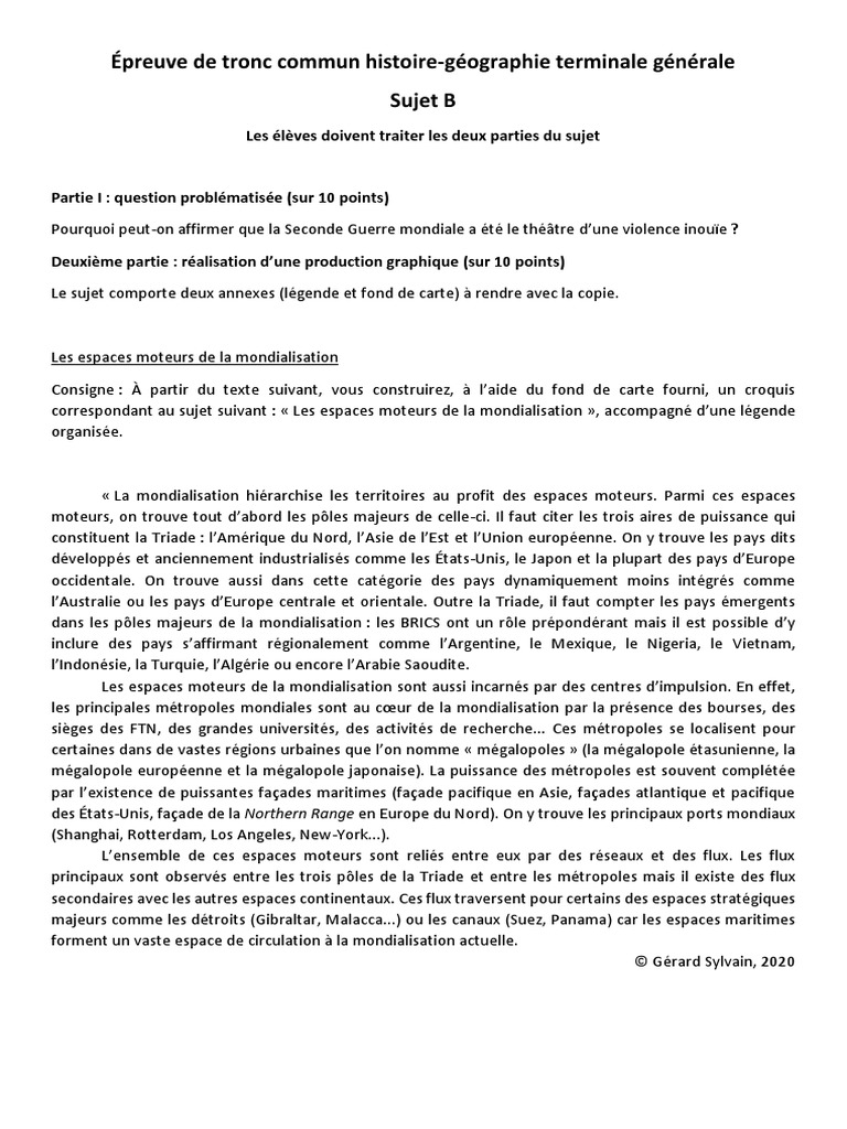 Sujet Brevet Seconde Guerre Mondiale Pdf Corrigé BAC - E3C - Sujet Et Corrigé - Histoire-Géographie - Série Générale N°2 |  PDF | Mondialisation | Seconde Guerre mondiale