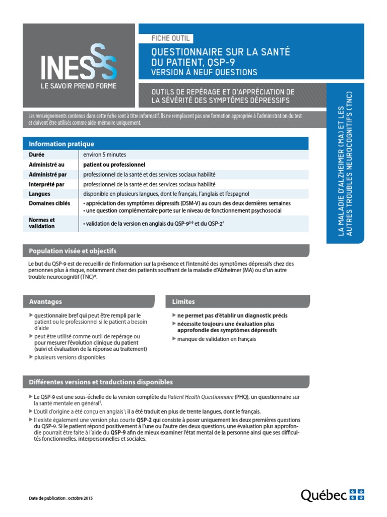 INESSS - FicheOutil - QSP-9 - Copie 2 PDF | PDF | Dépression ...