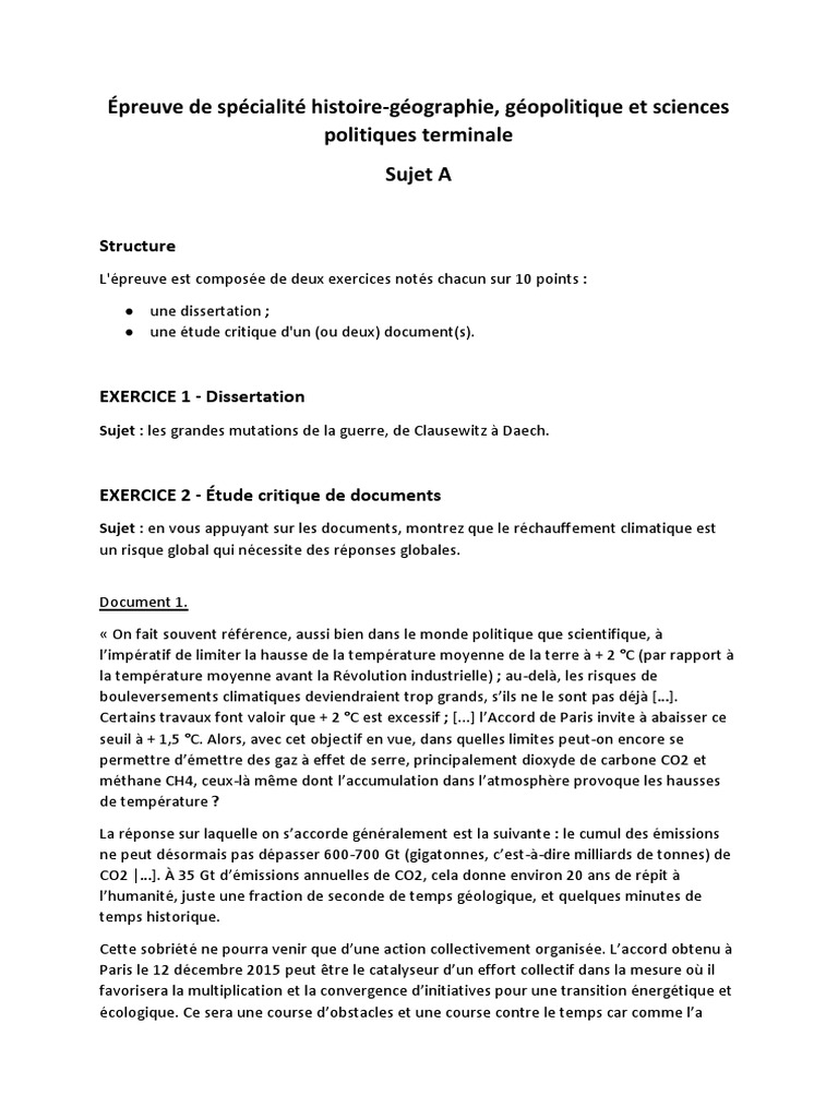 Analyse De Document Seconde Guerre Mondiale Terminale Corrigé Bac - Épreuve de Spécialité HGGSP - Sujet Et Corrigé | PDF | Réchauffement  planétaire | Dioxyde de carbone