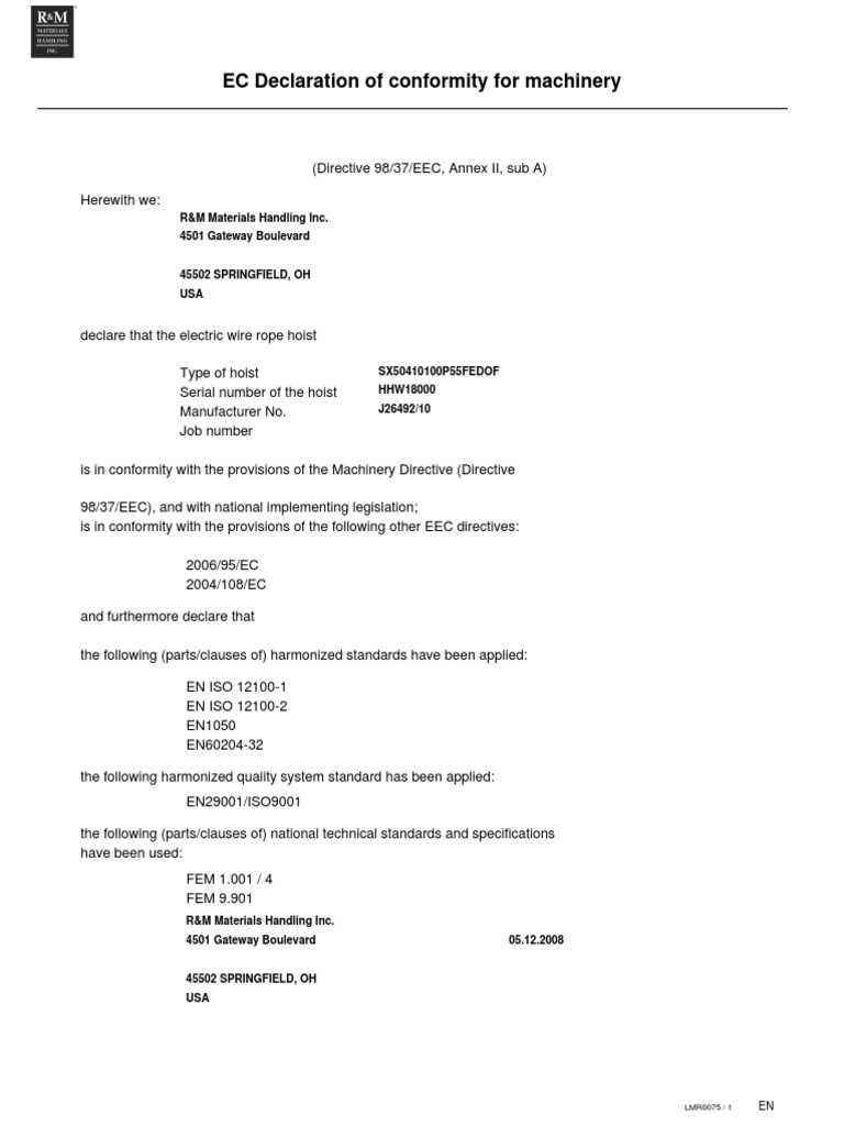 EC Declaration of Conformity For Machinery: R&M Materials Handling Inc ...