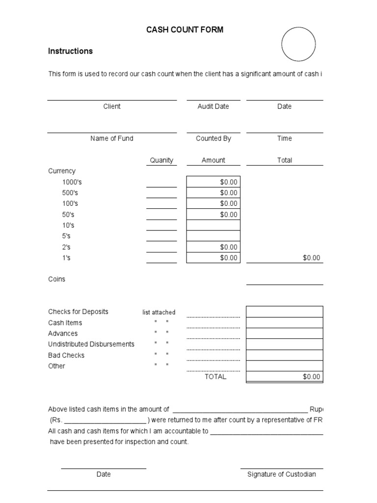 Cash Count Form Instructions: List Attached | PDF
