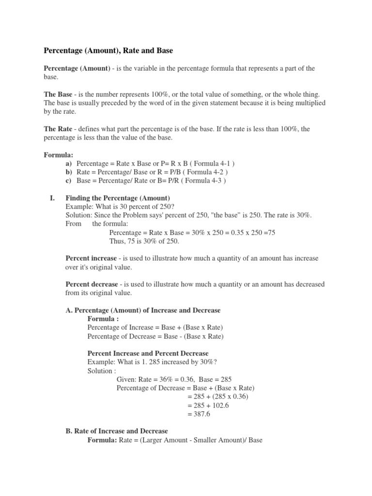 Percentage (Amount), Rate and Base | PDF | Percentage | Formula