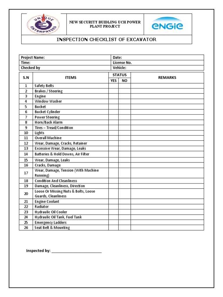 Inspection Checklist of Excavator: Project Name: Date: Time: License No ...