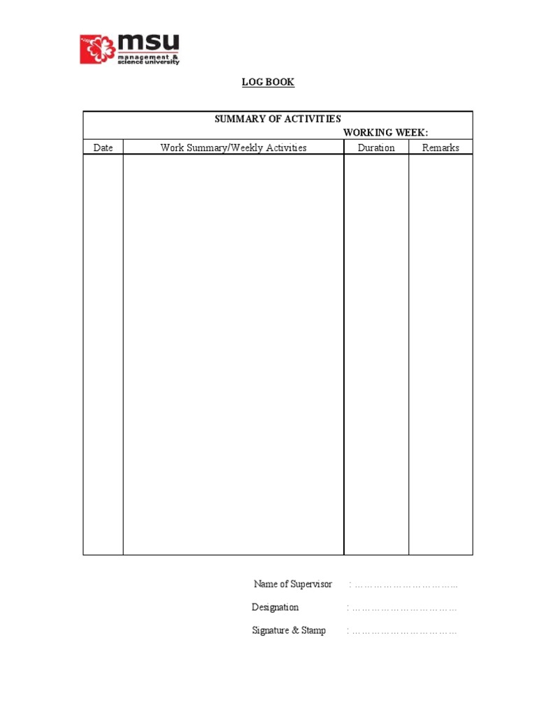 Date Work Summary/Weekly Activities Duration Remarks: Log Book | PDF ...