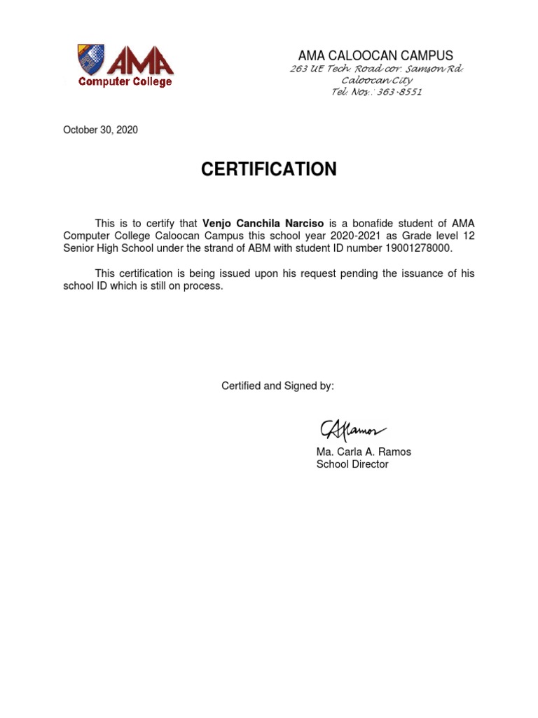 Certification Ama Caloocan Campus PDF