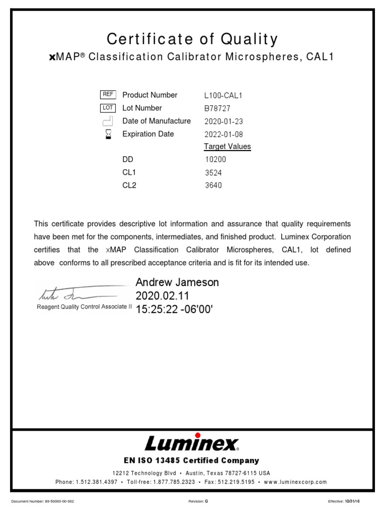 Certificate of Quality: Xmap Classification Calibrator Microspheres ...