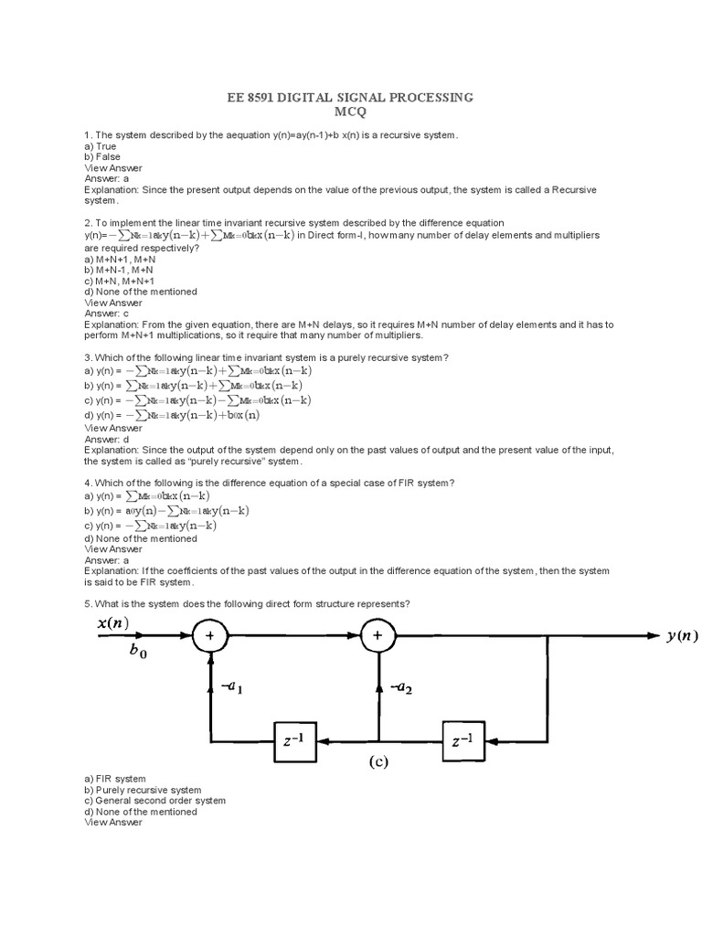 Ee 8591 Digital Signal Processing MCQ A y (N K) + B X (N K) Download