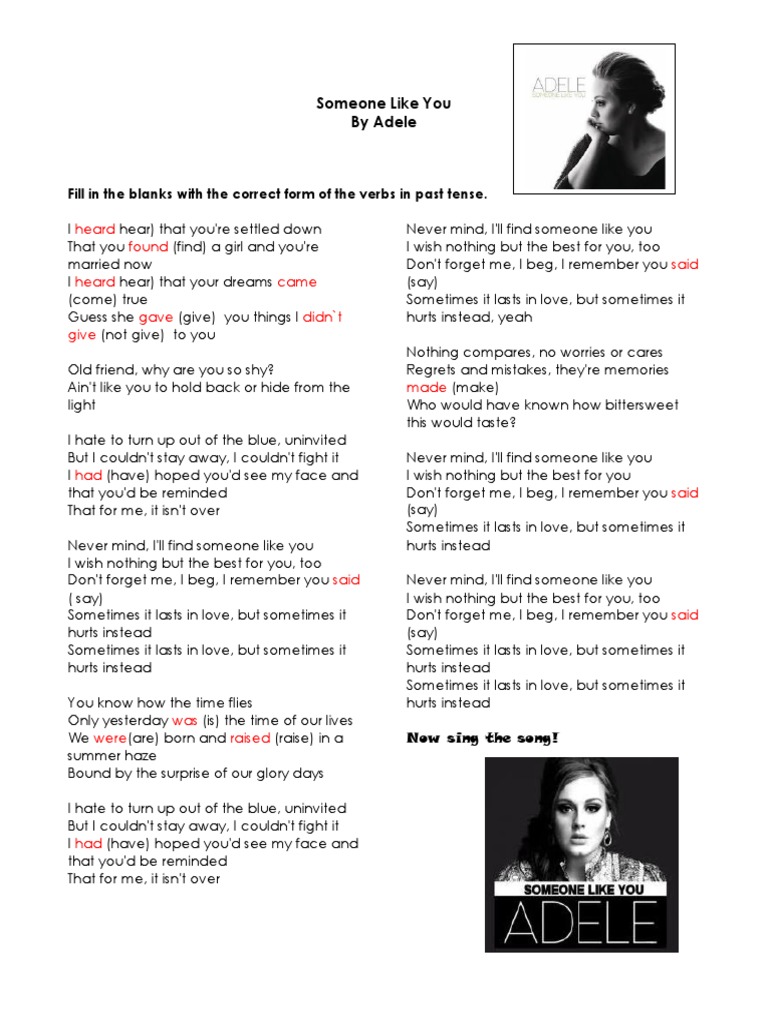 Someone Like You by Adele: Fill in The Blanks With The Correct Form of The  Verbs in Past Tense | PDF