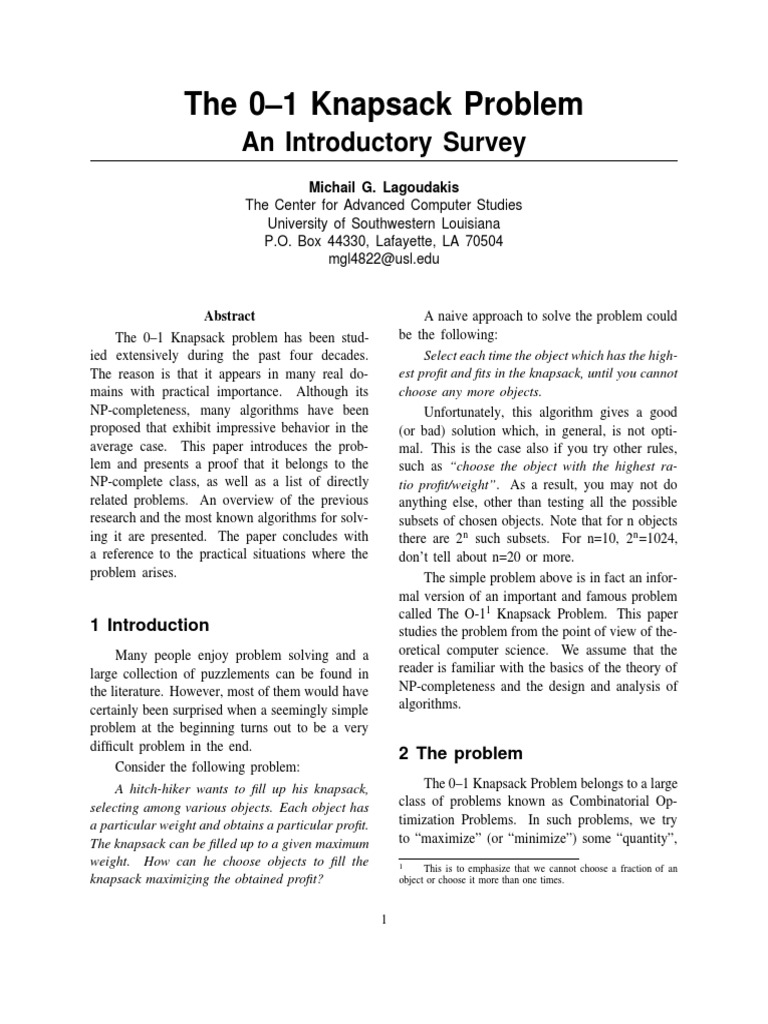 The 0-1 Knapsack Problem: An Introductory Survey | PDF | Time ...