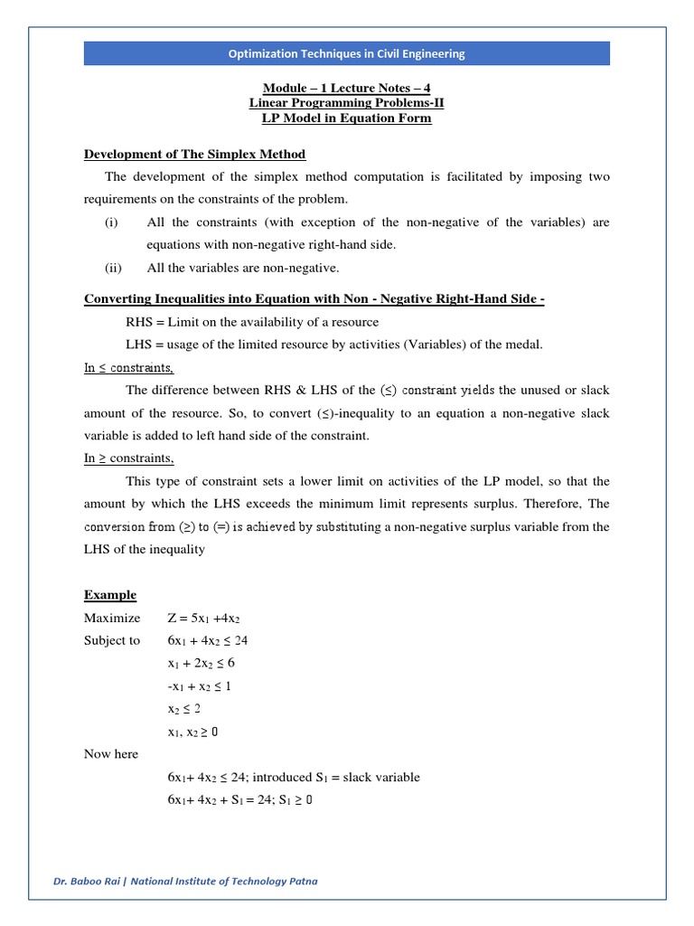 LP Model in Equation Form: Module - 1 Lecture Notes - 4 Linear ...