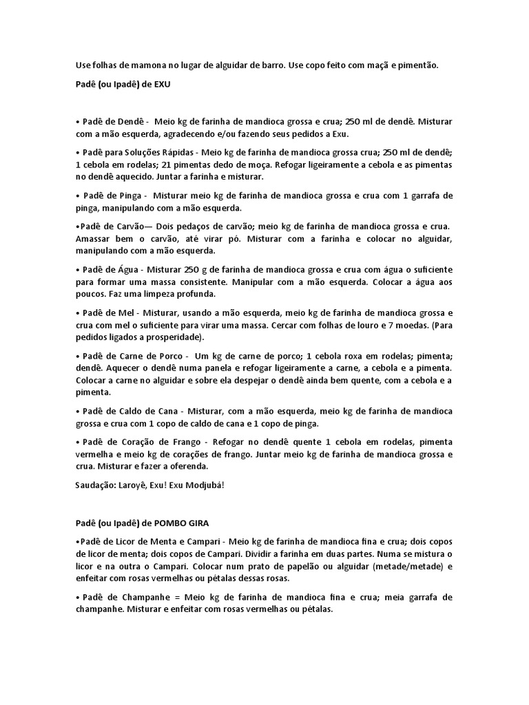 Umbanda EAD - PADÊ DE POMBAGIRAELEMENTOS • 01 Alguidar de Barro (tamanho da  sua preferência) • Mel • Cigarrilha de boa qualidade • Sidra Rosê • Farinha  Grossa de Mandioca PREPARO •