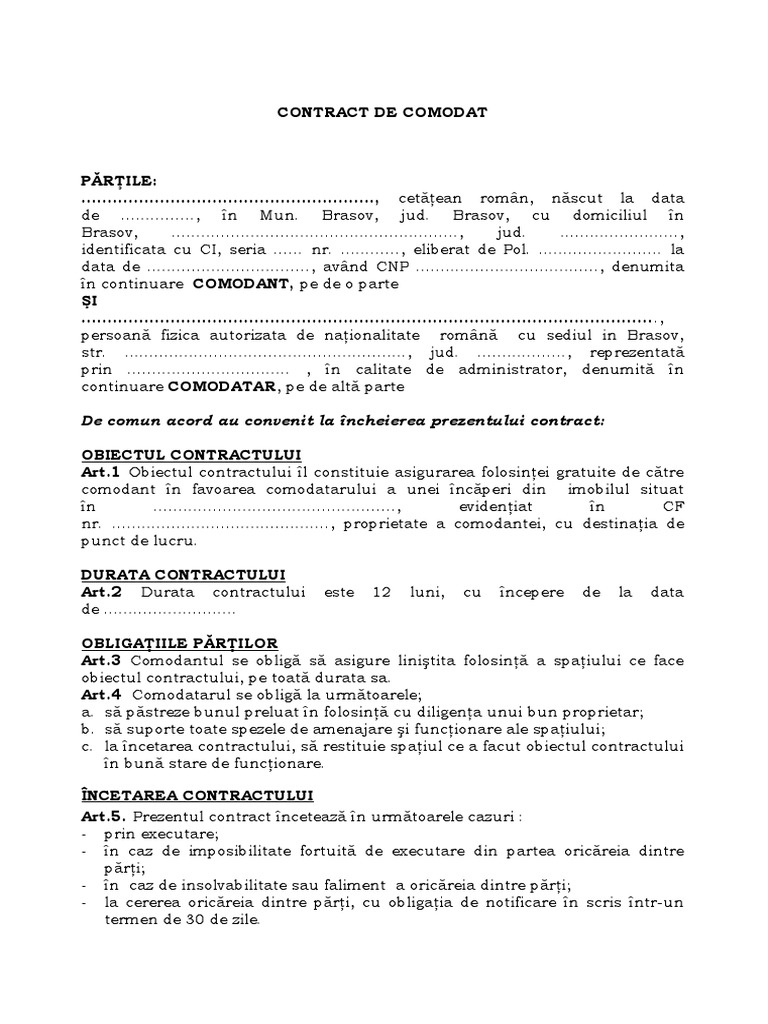Model Contract de Comodat | PDF
