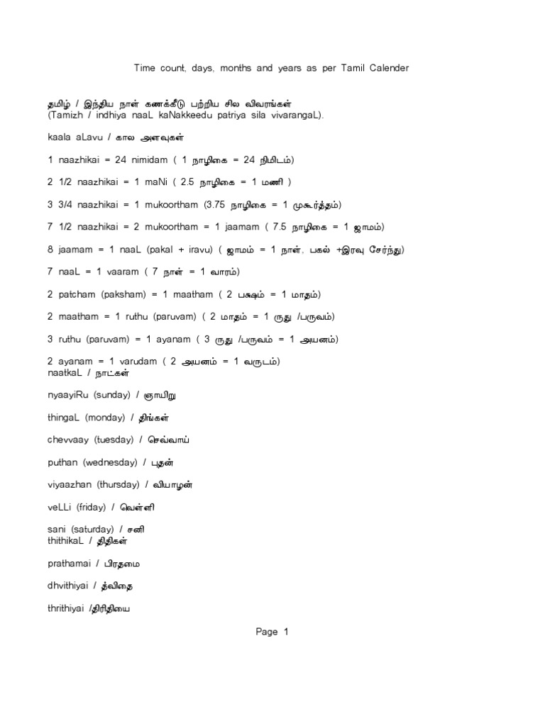 Days, Months and Years As Per Tamil Calender | PDF