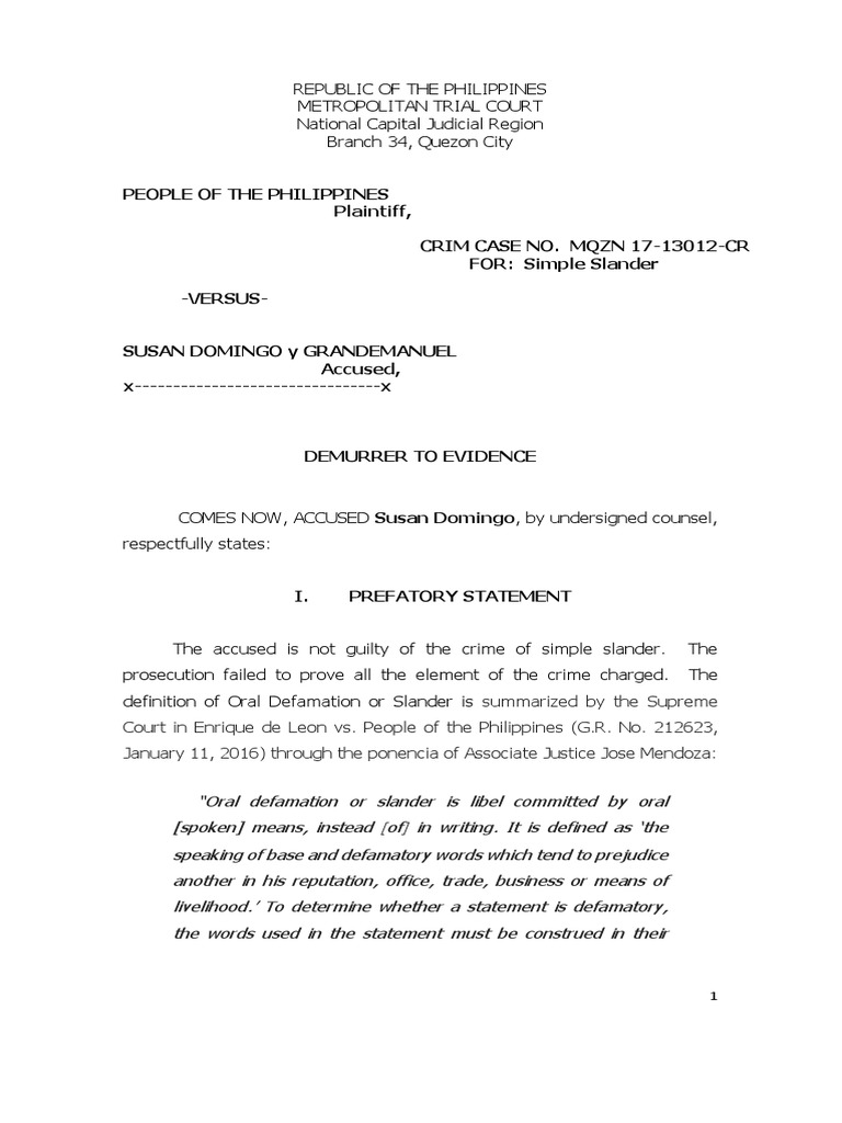 Demurrer in Simple Slander Case | PDF | Defamation | Burden Of Proof (Law)