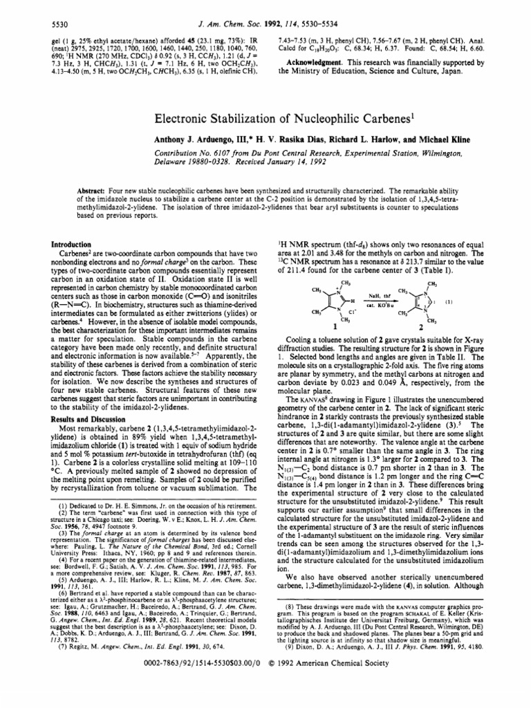 J Am. Chem. SOC1.9 92, 114, 5530 Arduengo PDF X Ray Crystallography Physical Chemistry