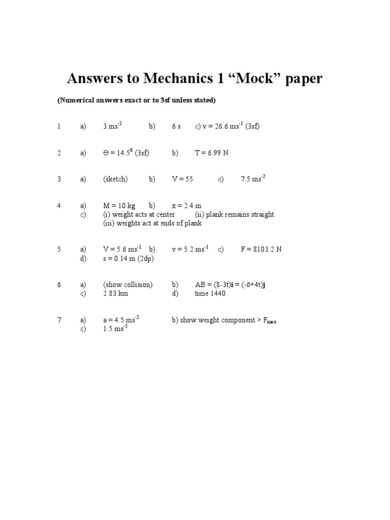 Answers To Mechanics 1 