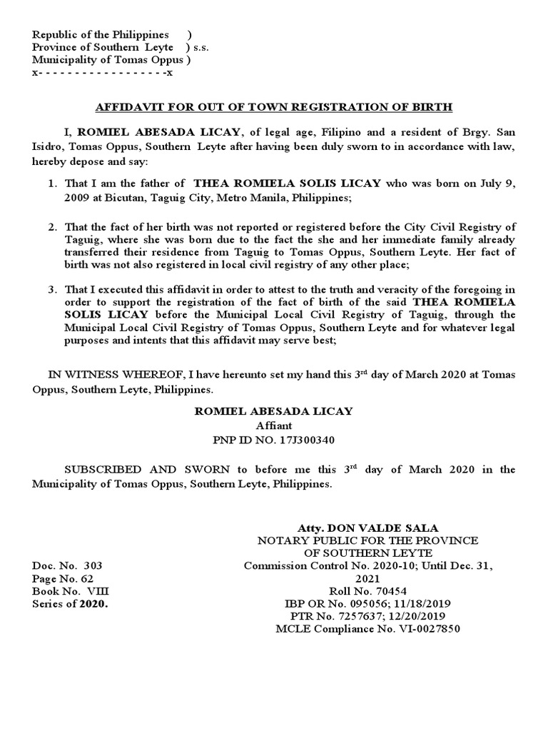 Affidavit For Out of Town Registration of Birth | PDF